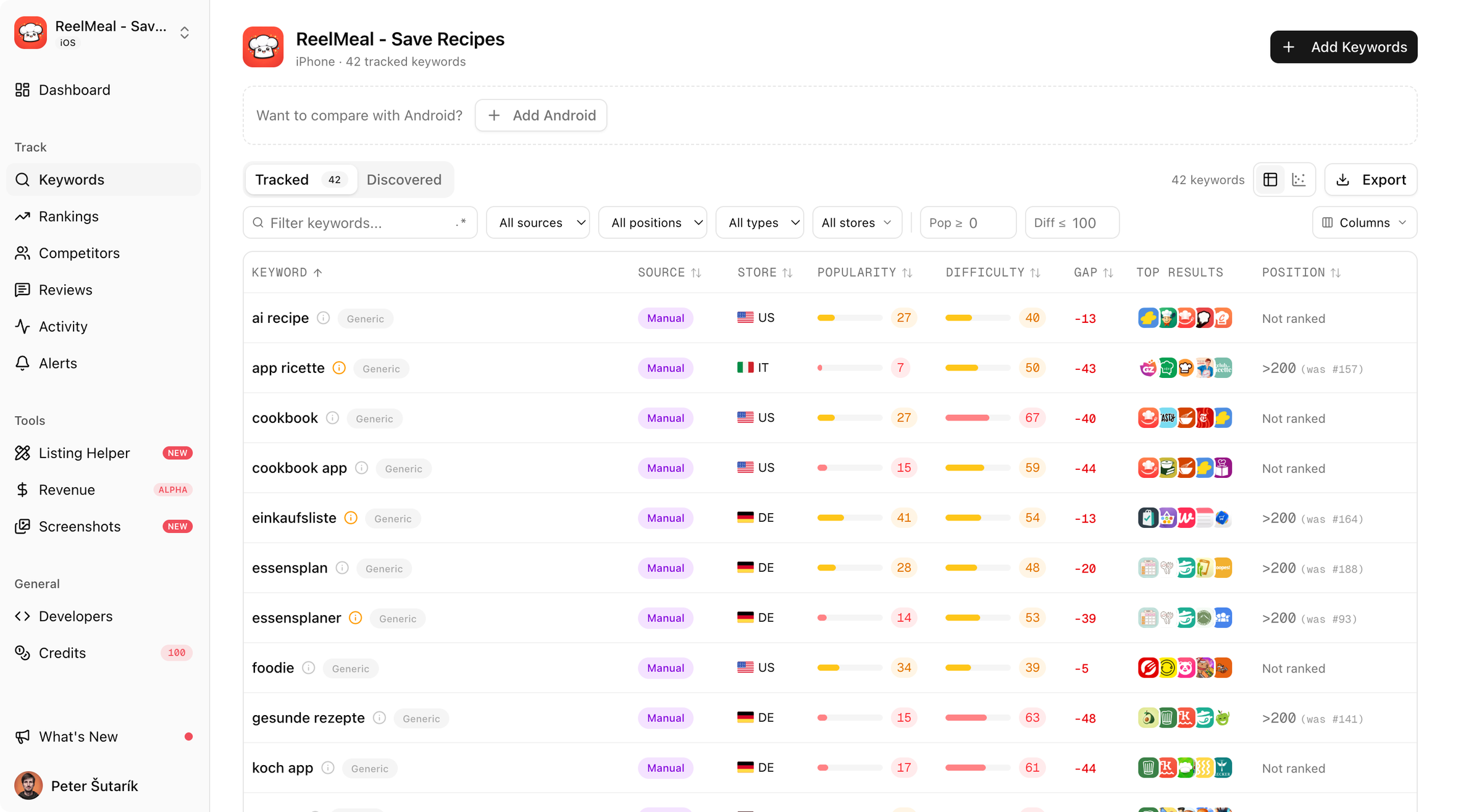 Sonar keyword dashboard — tracked keywords with popularity, difficulty, gap, top results, and rank for a real app